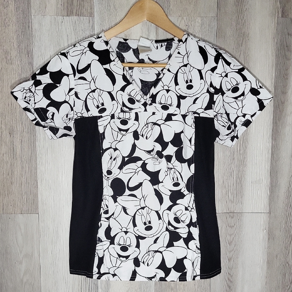 Disney Womens Small Tooniforms Scrub Top Minnie Mouse V Neck Black White Medical